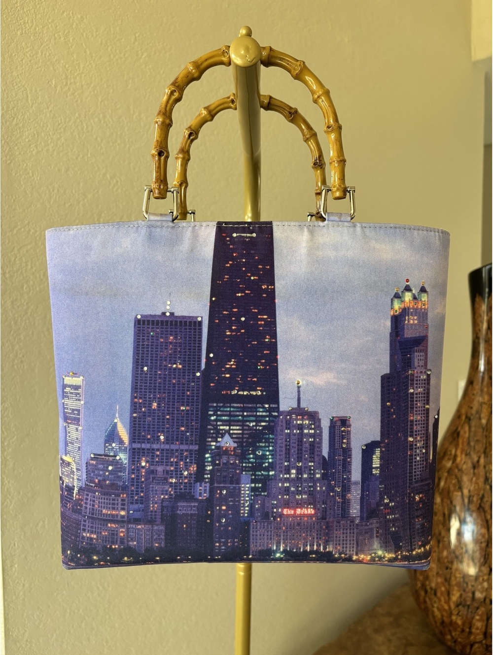 Isabella Fiore Chicago Skyline Bamboo Handle Tote Bag Rhinestone